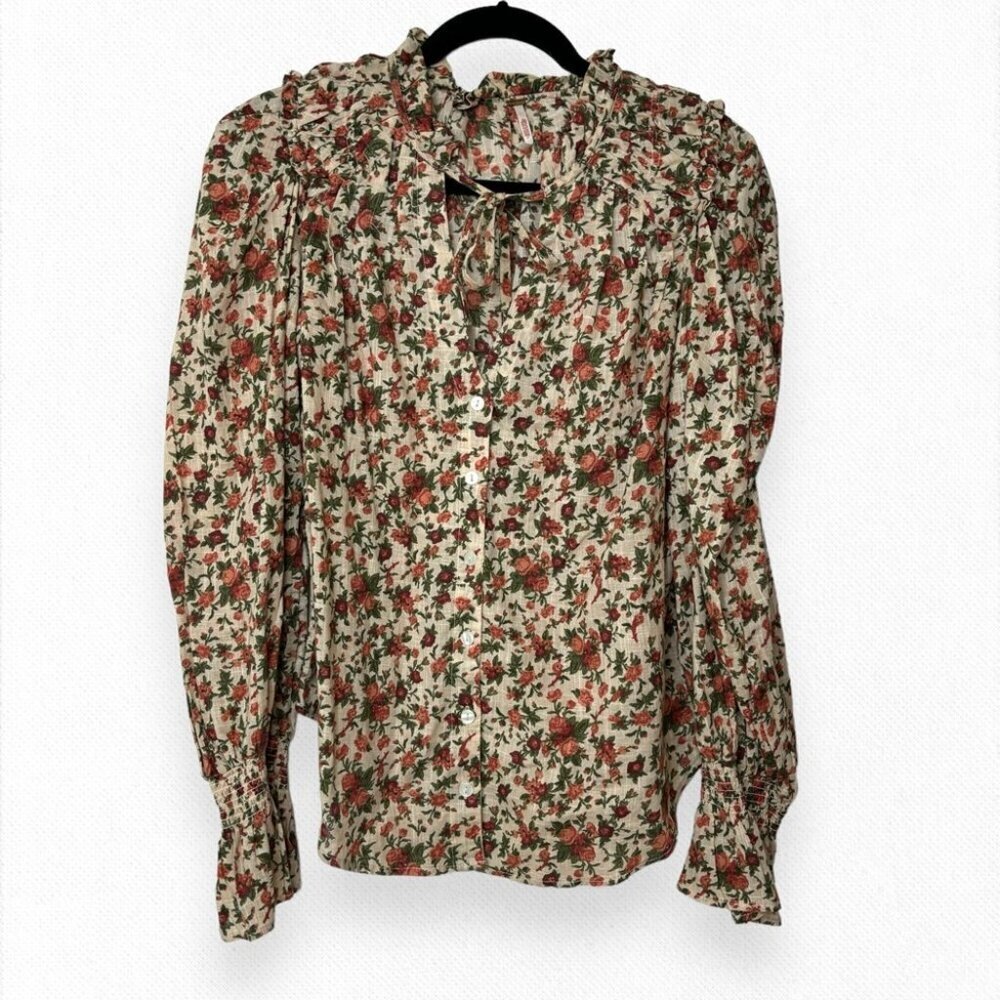Floral Tie-Neck Puff Sleeve Blouse - Cream & Rust - Picture 4 of 12